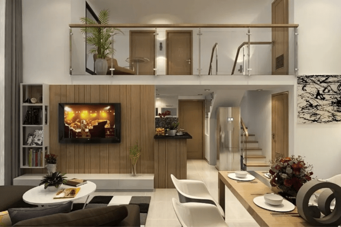 Mẫu trần thạch cao phòng khách nhà gác lửng có 3 phòng ngủ